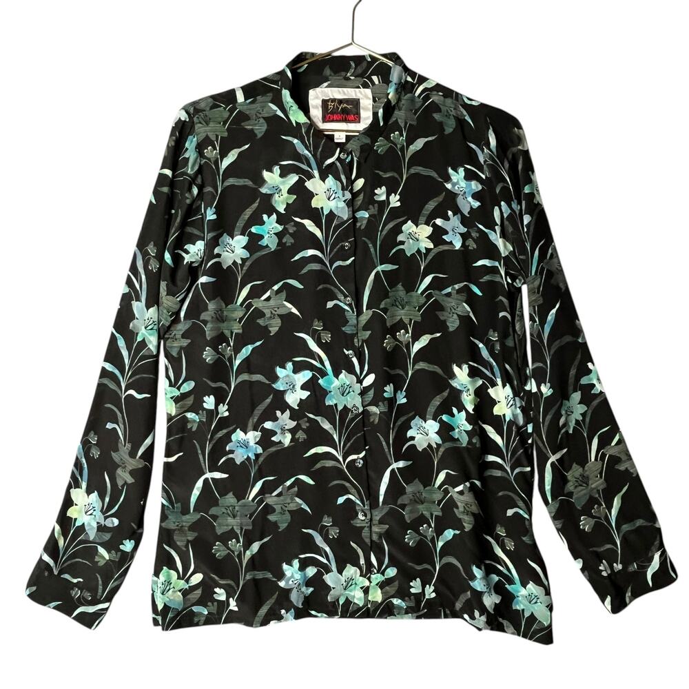 Johnny Was BIYA Silk Blouse Small Black Teal Floral Button Front